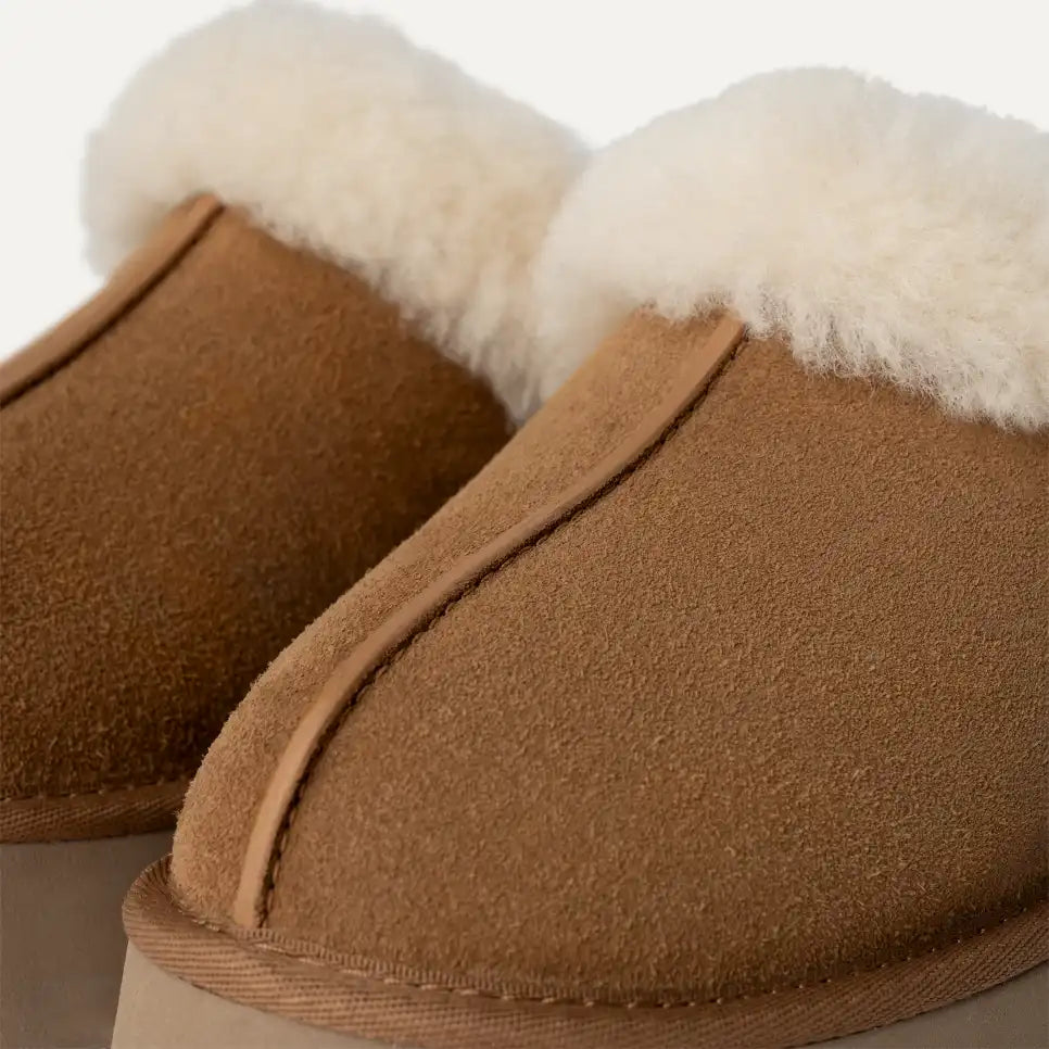 Papuci tip UGG cu blană și platformă – Maro camel