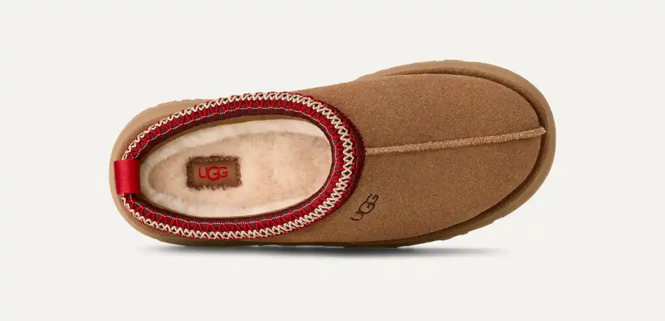 Papuci tip UGG cu platformă – Maro camel cu accente roșii